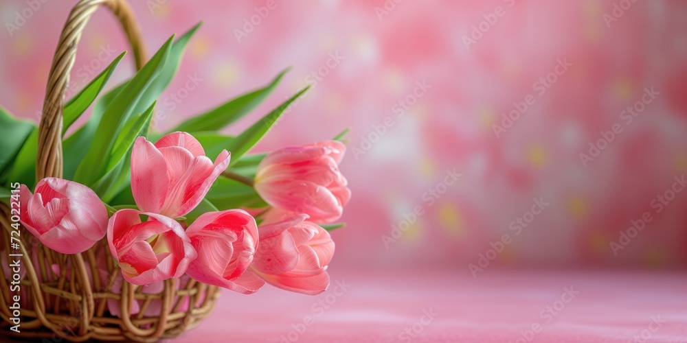 Basket of pink tulip flowers on a pink spring background Basket of pink tulip flowers on a pink spring background