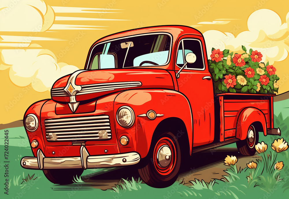 Vintage red pickup truck with flowers. Vector illustration in retro style.
