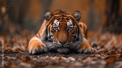 Tiger Lying Down in Forest Leaves