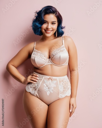A plus-size model with blue hair and dark skin wears a white lingerie set with lace details.