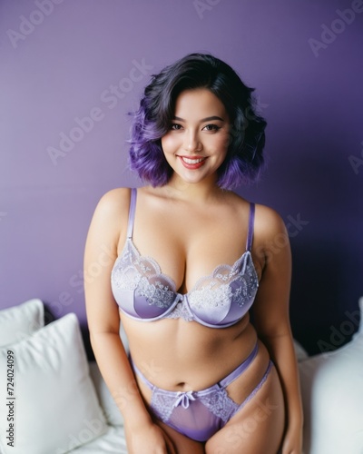 A woman with purple hair and lingerie poses on a purple background and white bed.