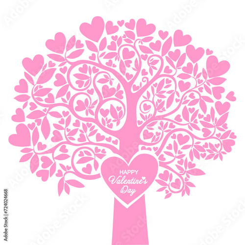 Happy Valentine's Day.  Festive tree with  heart shaped leaves. Promo greeting card with white background. Holiday brochure design, greeting card, love creative concept, gift voucher, invitation.