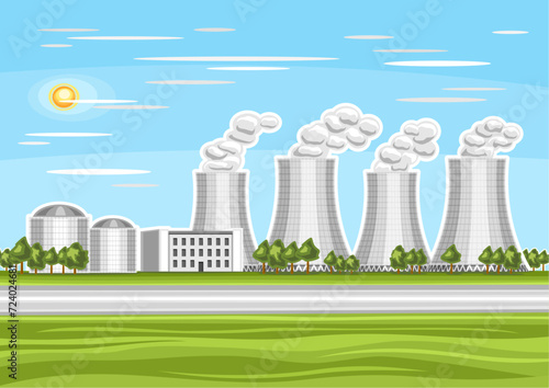 Vector illustration of Nuclear Plant, horizontal poster with cartoon design nuclear station on blue cloudy sky background, modern nuclear energy town with trees and futuristic contemporary buildings