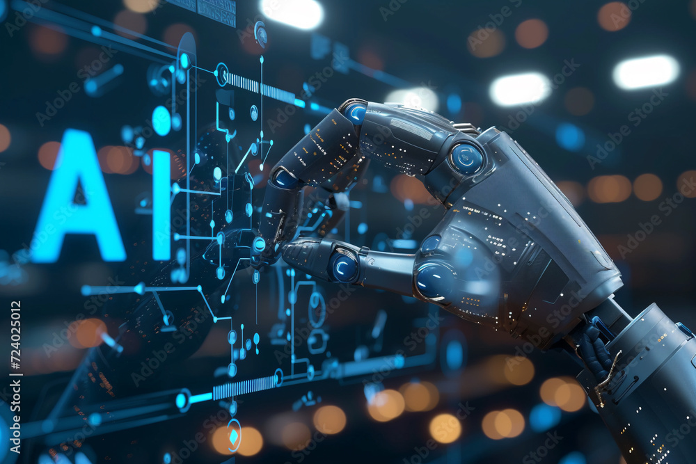 Close up of robot hand with glowing artificial intelligence interface, Generative Ai Close up of robot hand with glowing artificial intelligence interface, Generative Ai
