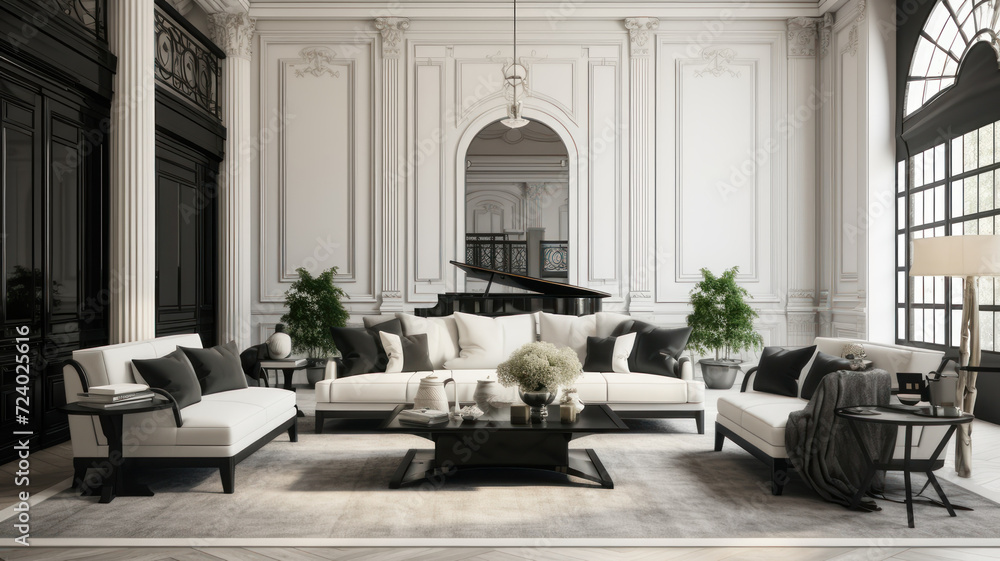 Spacious classic living room in black and white. Interior designed with style