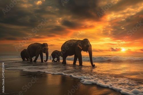 a family of elephants take a walk on the beach at sunset