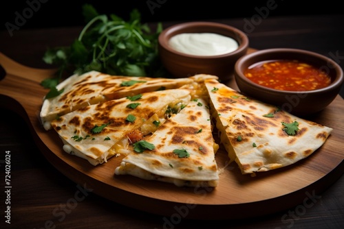 Slices of delicious quesadilla and sauces on wooden plate, close up