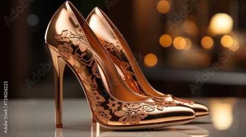 Beautiful luxury fashion golden woman shoes UHD Wallpaper