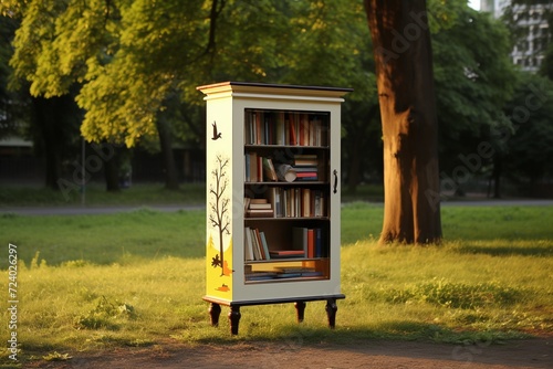 Bookcase full of books for bookcrossing in the park photo