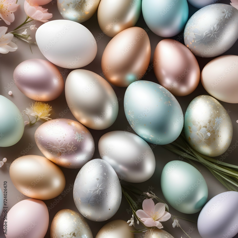 Pastel Bloom: Painted Easter Eggs and Flowers. Easter Background