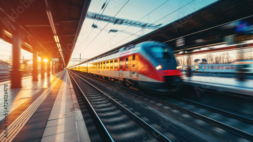 High speed train motion railway station sunset. Fast moving modern passenger train railway platform Railroad motion blur effect