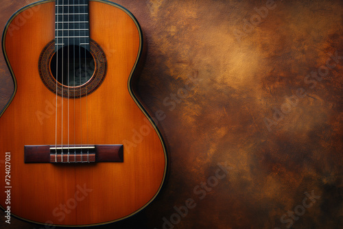 Acoustic Guitar and Pick on Brown Background