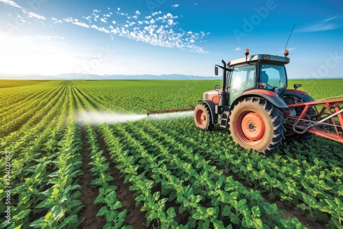 Tractor spraying pesticides on a large green field of crops