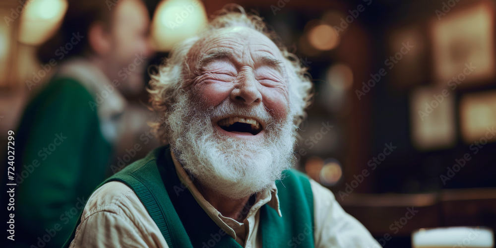 Joyful Elderly Irishman Laughing in Pub.
A senior man with a white beard laughing heartily in an Irish pub setting.