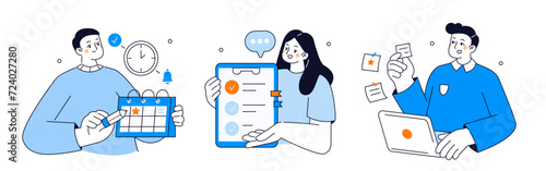 Schedule management, business and organization concept set. Collection of characters planning and organizing work tasks, making calendar appointment and to do list. Vector illustration.