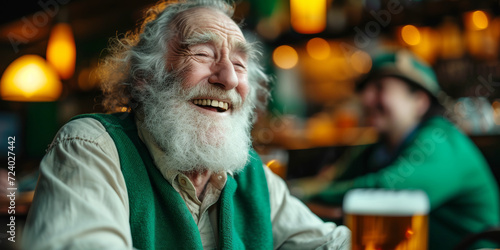 Joyful Senior Enjoying a Beer. An elderly man with a white beard laughing joyously in front of a pint of beer celebrating St Patrick's day.