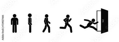 stick figure man stands, walks, runs, isolated icon set, door illustration