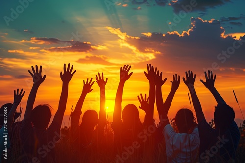Hands to heaven, group of people with their hands up looking at the sunset © sofian