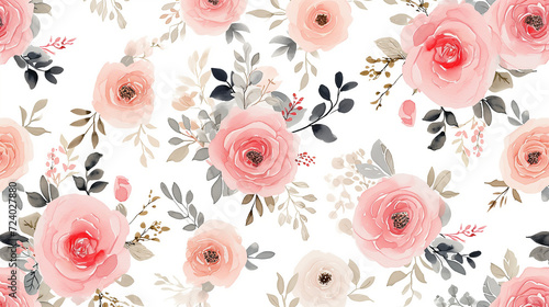 Allover multi motif flowers ornament Seamless pattern with watercolor flowers pink roses, repeat floral texture, vintage background hand drawing. Ai generated image