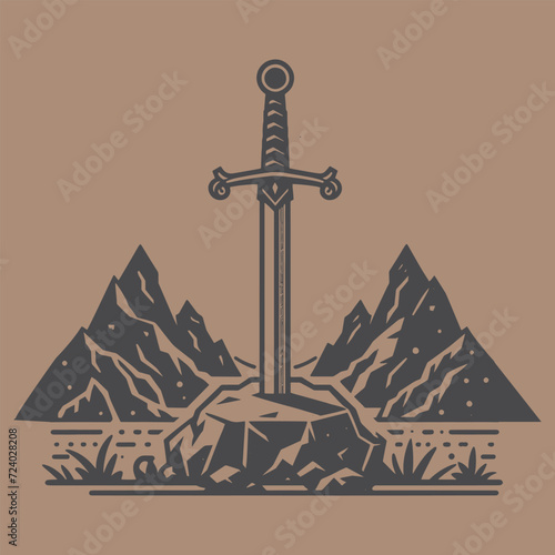 Excalibur sword in stone.
Vintage vector engraving illustration. Black and white color. isolated object. Icon, logo, emblem