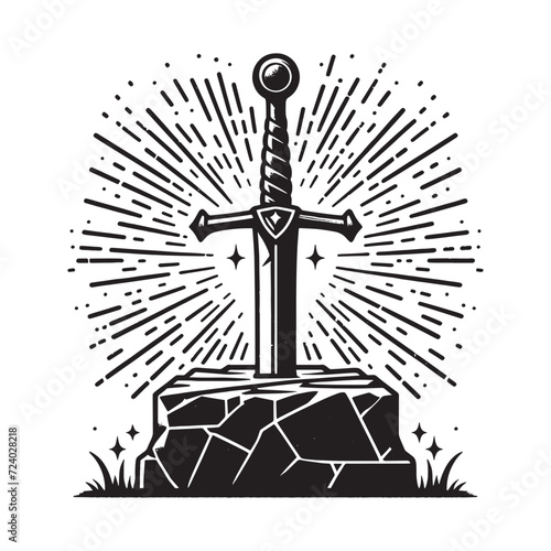 Excalibur sword in stone.
Vintage vector engraving illustration. Black and white color. isolated object. Icon, logo, emblem