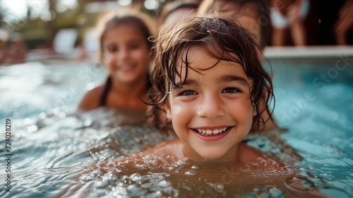 Joyful Poolside Moments: Young Boy's Radiant Smile Captured during Family Water Play