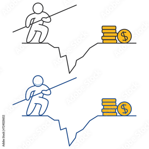 Pursuit of money.Money chase.Businessman sprinting up coin stairs.A businessman jumps for money.Jump pass cliff gap with money.Businessman jumps pole vault