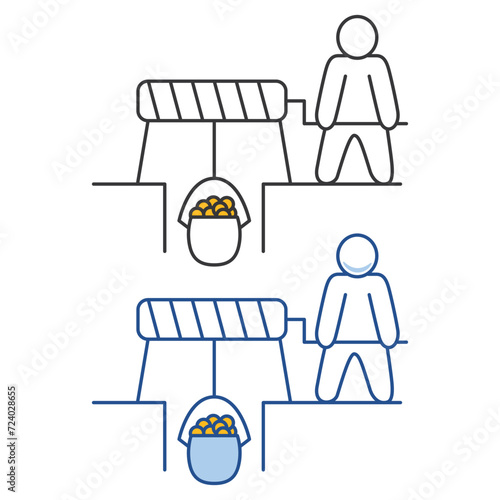 Making money.Success investor.Rich man making money.Financial broker.Gold mine.Mining industry. Miner is digging on golden.Man miner digging and extracting.Outline vector illustration.Doodle sketch.