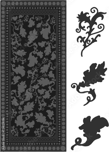 Gothic floral decorated moulding stylized drawing. Ornamental detailed pattern illustration. European medieval decorated stripe.; vector