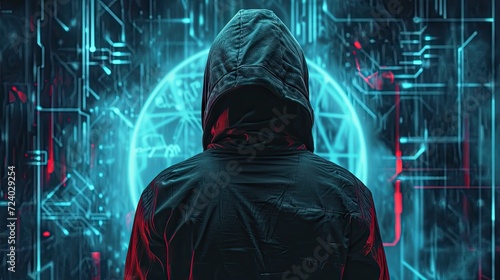 Hacker in a black hoodie standing in front of glowing circuit board. Hacking concept