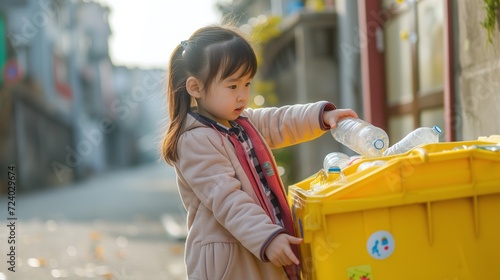 Une petite fille écologique jette une bouteille en plastique dans une poubelle de tri sélectif jaune pour la recycler photo