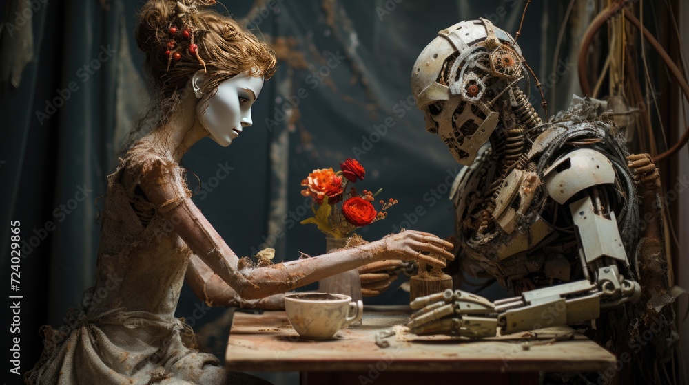 Fototapeta premium A skinny woman sits at the table with a robot