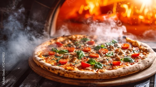 A delicious pizza cooking in a wood fired oven