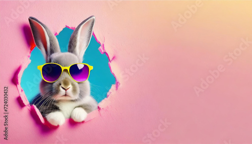 Bunny with sunglasses peeking out of a hole in pink wall, fluffy eared bunny easter bunny banner, rabbit jump out torn hole