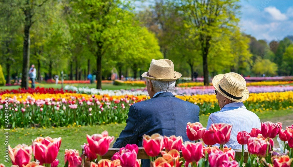 Caucasian elderly people in a park in spring with many colorful flowers AI Generate