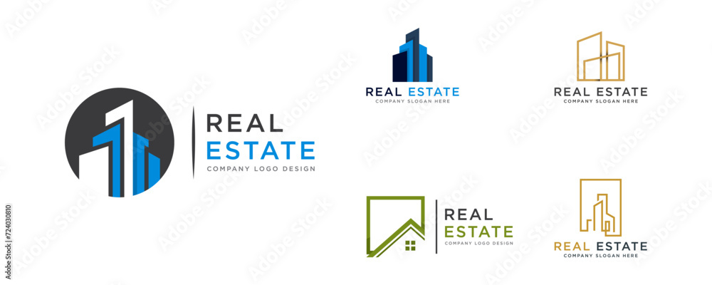 Set Of Black and Gold Real Estate Logo Image on White Background. Flat Vector Logo Design Template Element for Construction Architecture Building Logos. Set Of Black and Gold Real Estate Logo Image on White Background. Flat Vector Logo Design Template Element for Construction Architecture Building Logos.