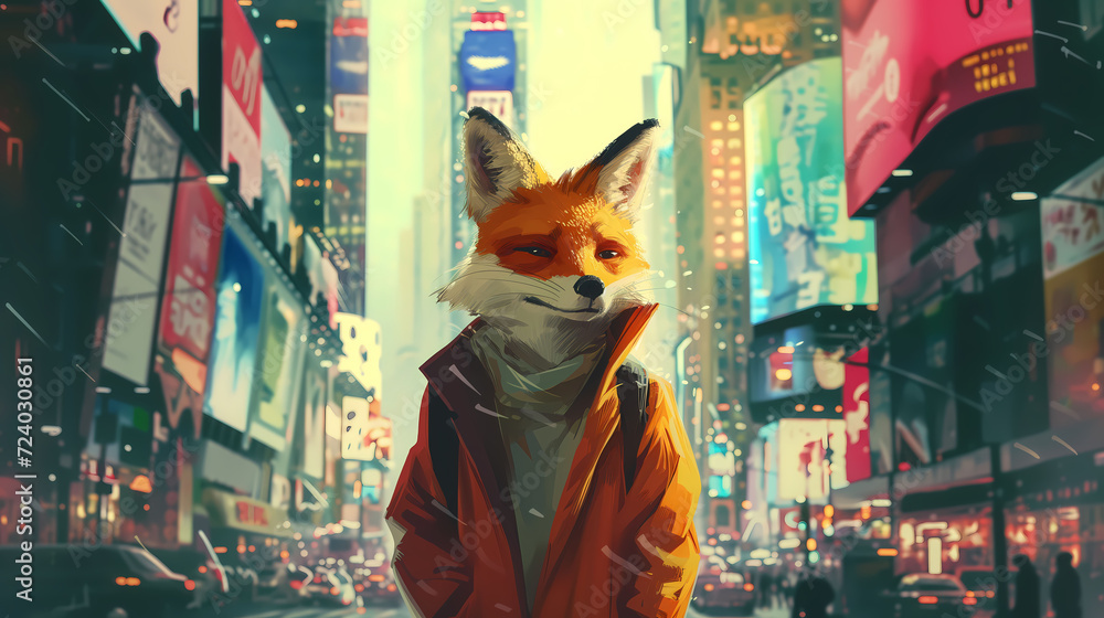 Stylish Fox in the City. A Unique Digital Art Illustration of an Anthropomorphic Fox Dressed in Modern Fashion Against a Vibrant Times Square Backdrop