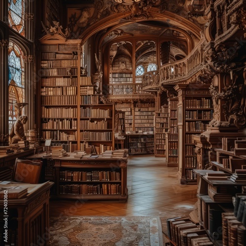 ornate library with bookshelves and wooden furniture photo