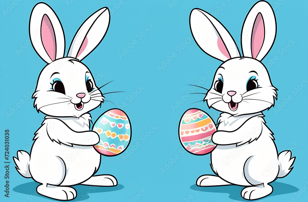 Fototapeta premium Easter bunnies give each other colorful eggs