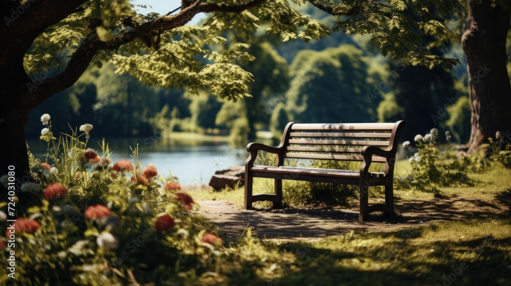 green park near the lake with a bench UHD Wallpaper