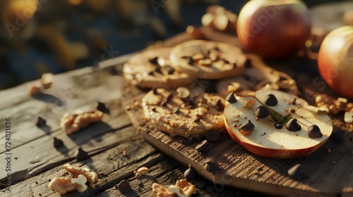 Healthy snack. Apples and walnuts on a wooden board.