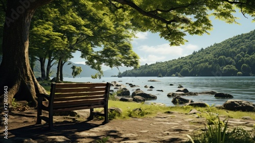 green park near the lake with a bench UHD Wallpaper