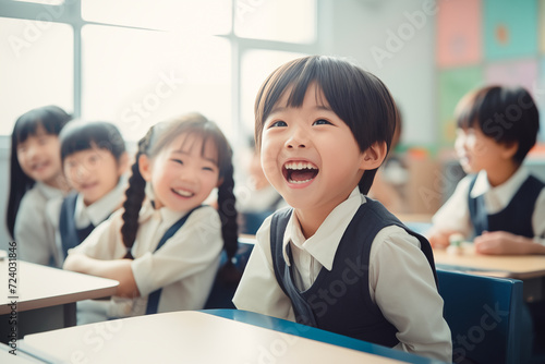 こちらを見て満面の笑みを浮かべる小学一年生の男の子 photo