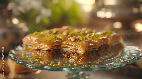 Traditional Turkish dessert baklava with cashews, and walnuts. Homemade baklava with nuts and honey.