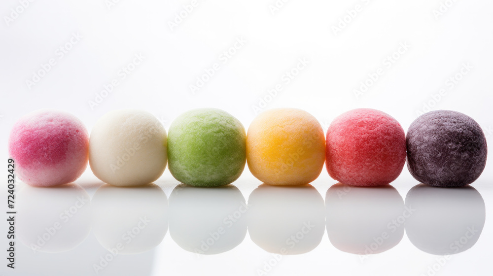 Japanese ice cream Mochi in rice dough. Traditional Japanese dessert on white background. Selective focus, copy space. Japanese ice cream Mochi in rice dough. Traditional Japanese dessert on white background. Selective focus, copy space.
