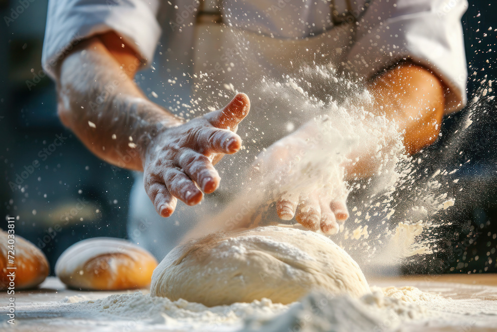 Fototapeta premium A baker kneads dough preparing it for baking fresh bread against blurred bakery background.
