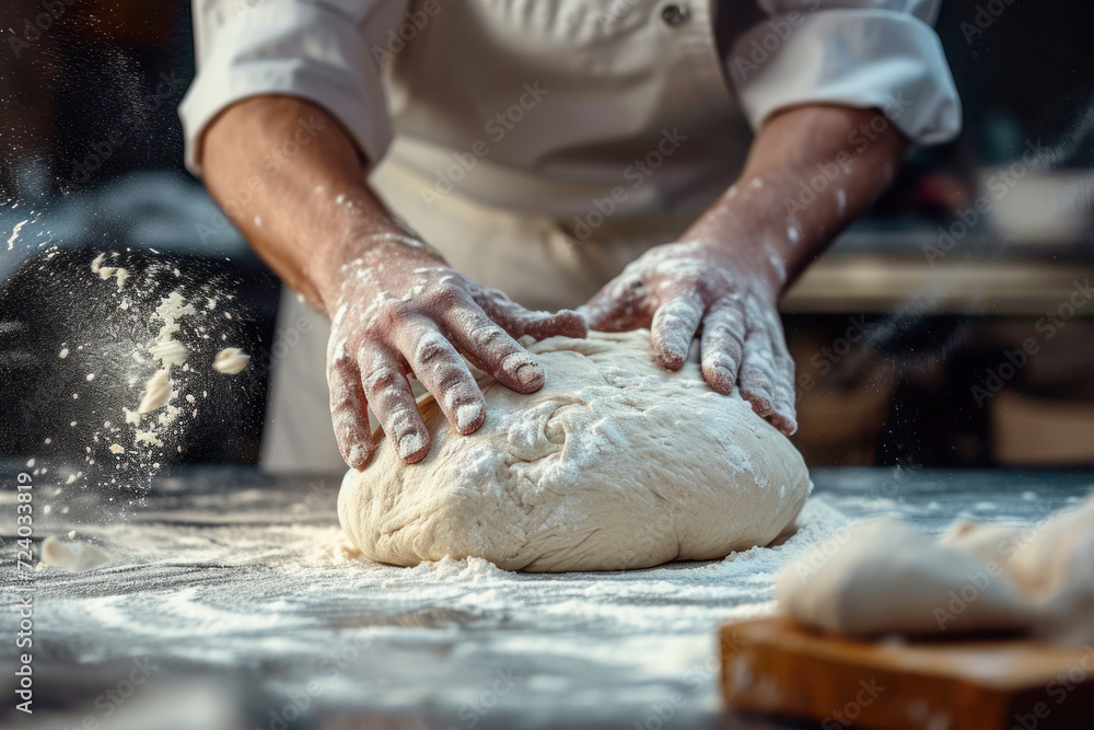 A baker kneads dough preparing it for baking fresh bread against blurred bakery background.