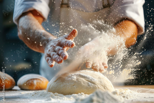 A baker kneads dough preparing it for baking fresh bread against blurred bakery background.