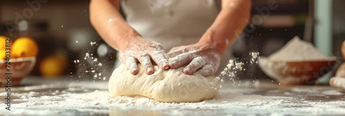 A baker kneads dough preparing it for baking fresh bread against blurred bakery background. photo