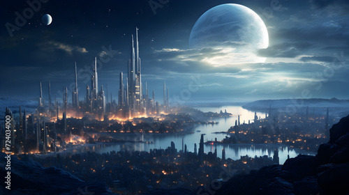 City moon background fractal stars space coruscant area inside dystopian album trance bustling,, Flag of Ukraine and destroyed building. War concept 